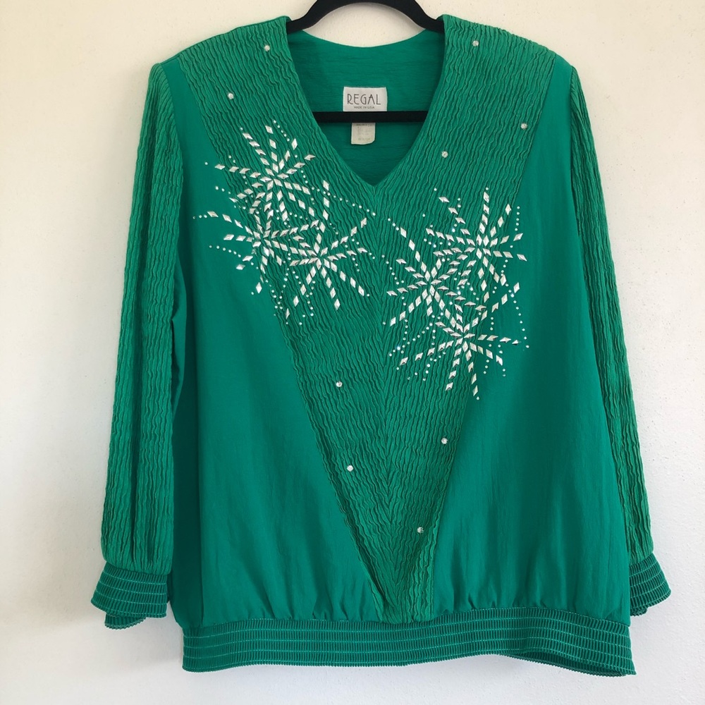 Vintage Regal Green Blouse with Studs and  Pleats.
